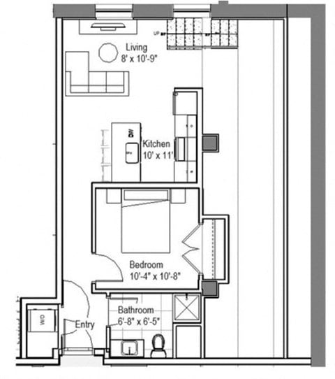 Floor plan for 1 bed, 1 bath, 629 sqft